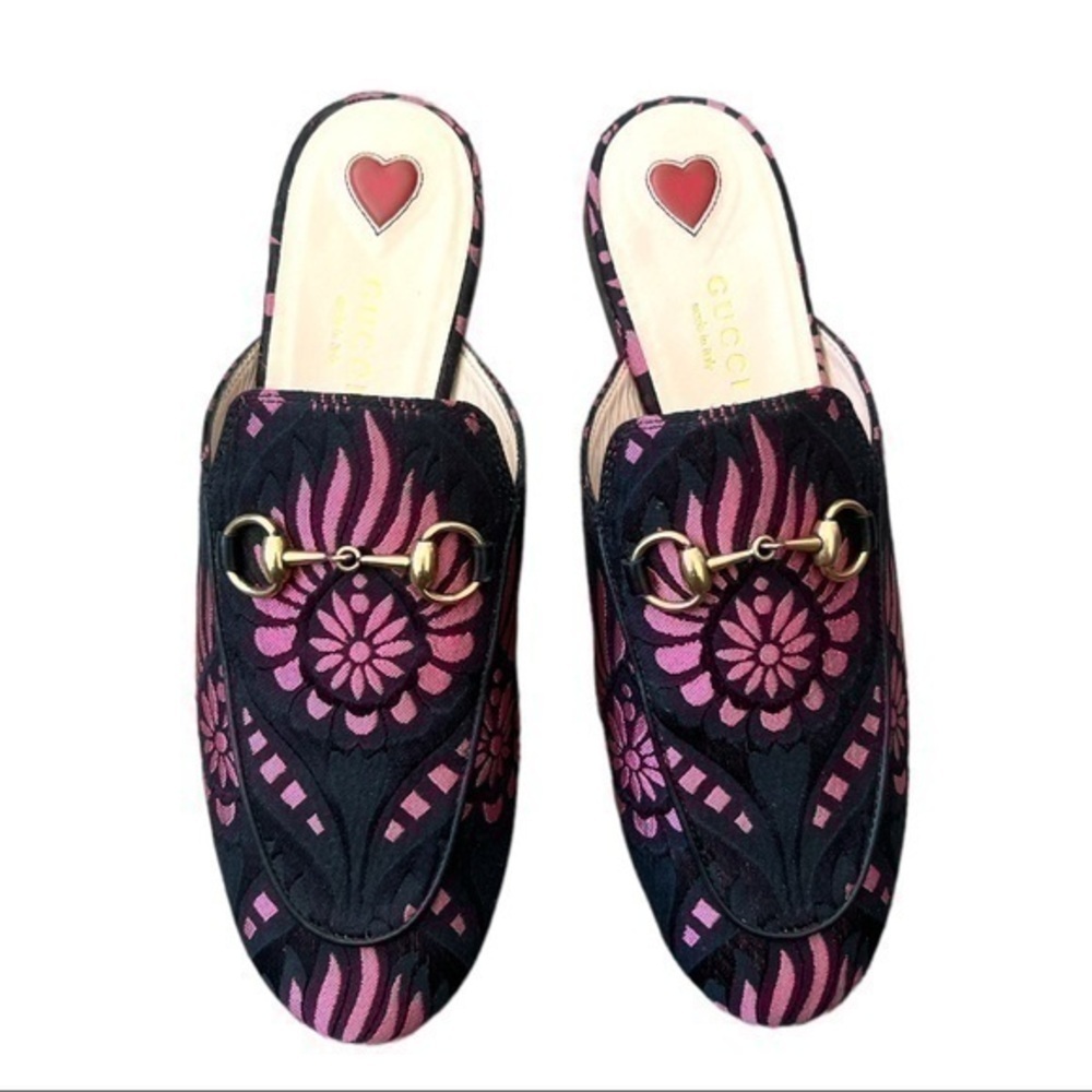 GUCCI Princetown Pink and Black Printed Fabric Mules Size 36 - Picture 2 of 8